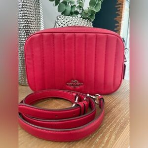 COACH Candy Apple Red Jess Quilted Leather Double Zip Crossbody Silver Hardware